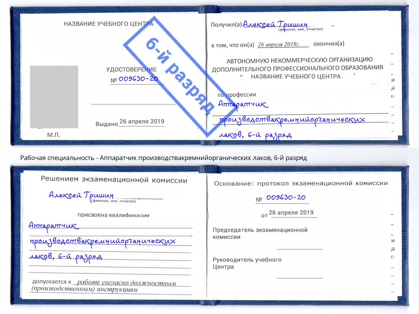 корочка 6-й разряд Аппаратчик производствакремнийорганических лаков Вышний Волочек