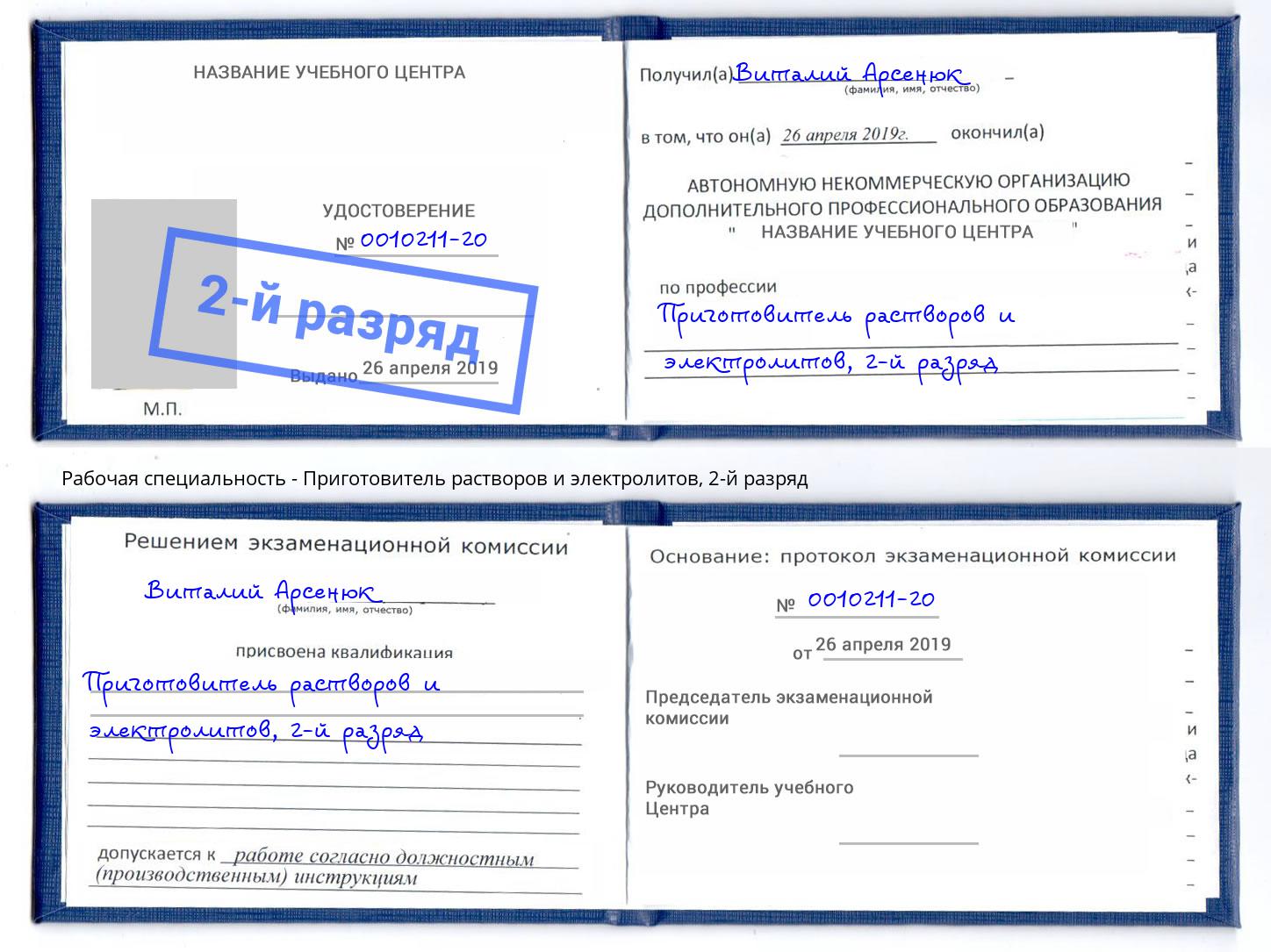 корочка 2-й разряд Приготовитель растворов и электролитов Вышний Волочек