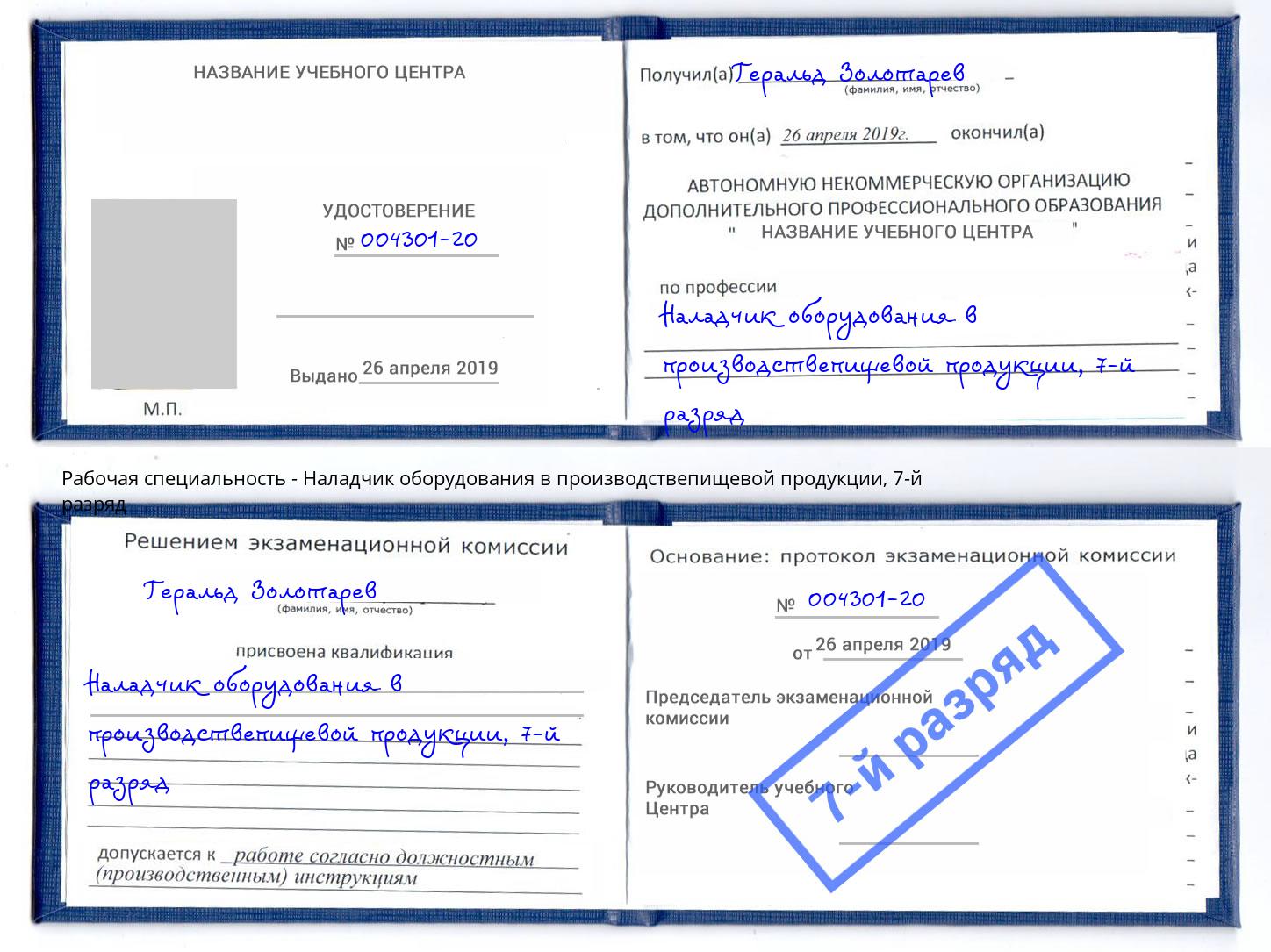 корочка 7-й разряд Наладчик оборудования в производствепищевой продукции Вышний Волочек