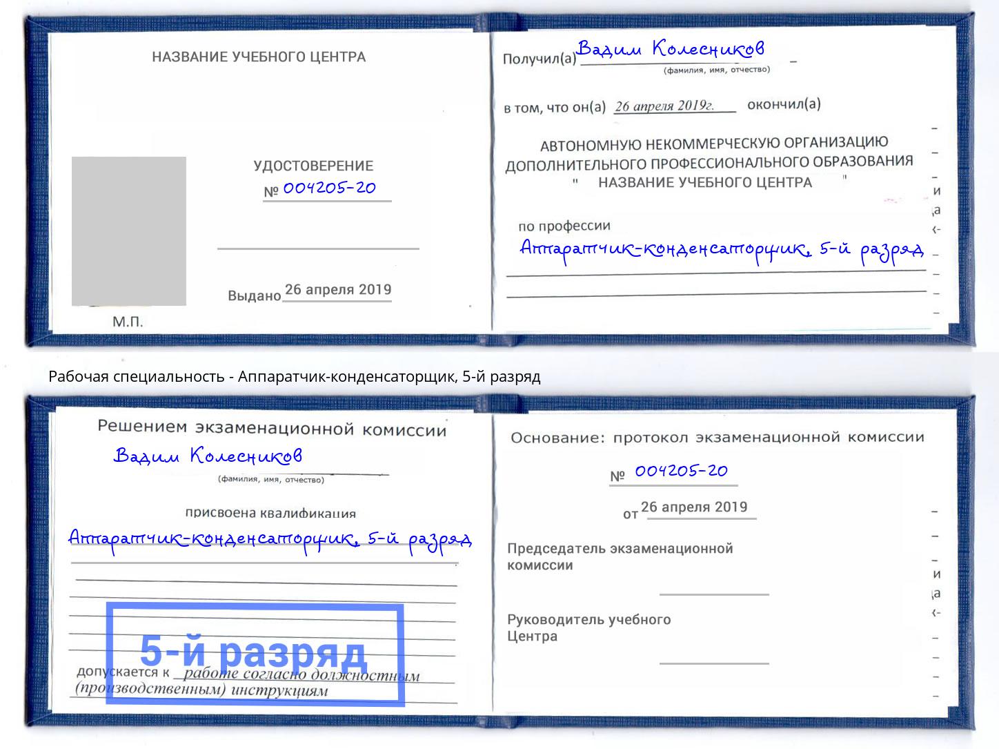корочка 5-й разряд Аппаратчик-конденсаторщик Вышний Волочек