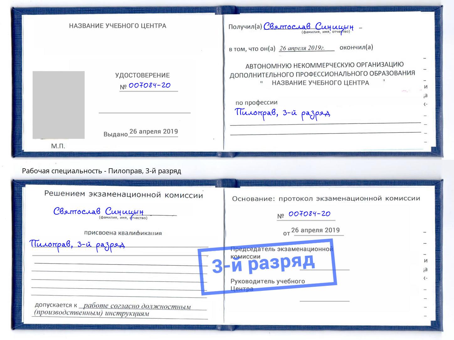 корочка 3-й разряд Пилоправ Вышний Волочек