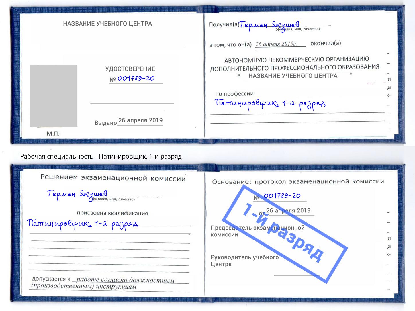 корочка 1-й разряд Патинировщик Вышний Волочек